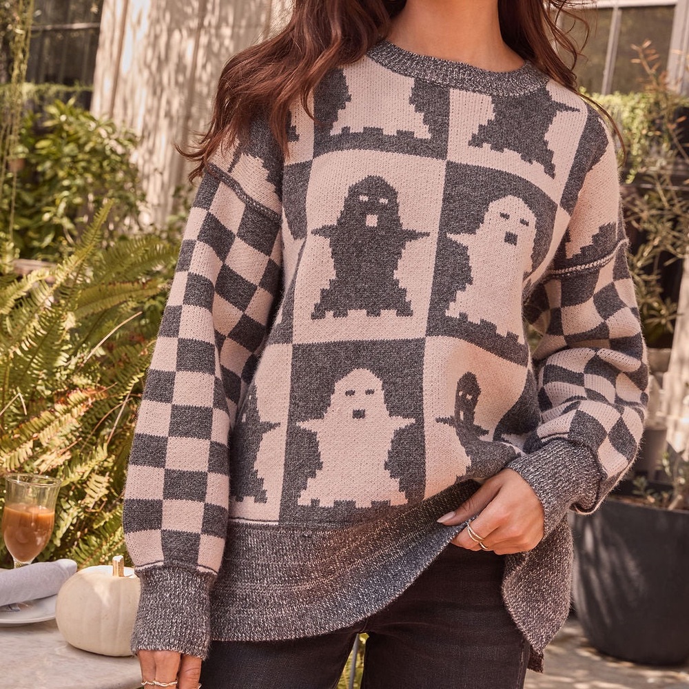 Vici Ghost Checkered Sweater - Gray and Cream